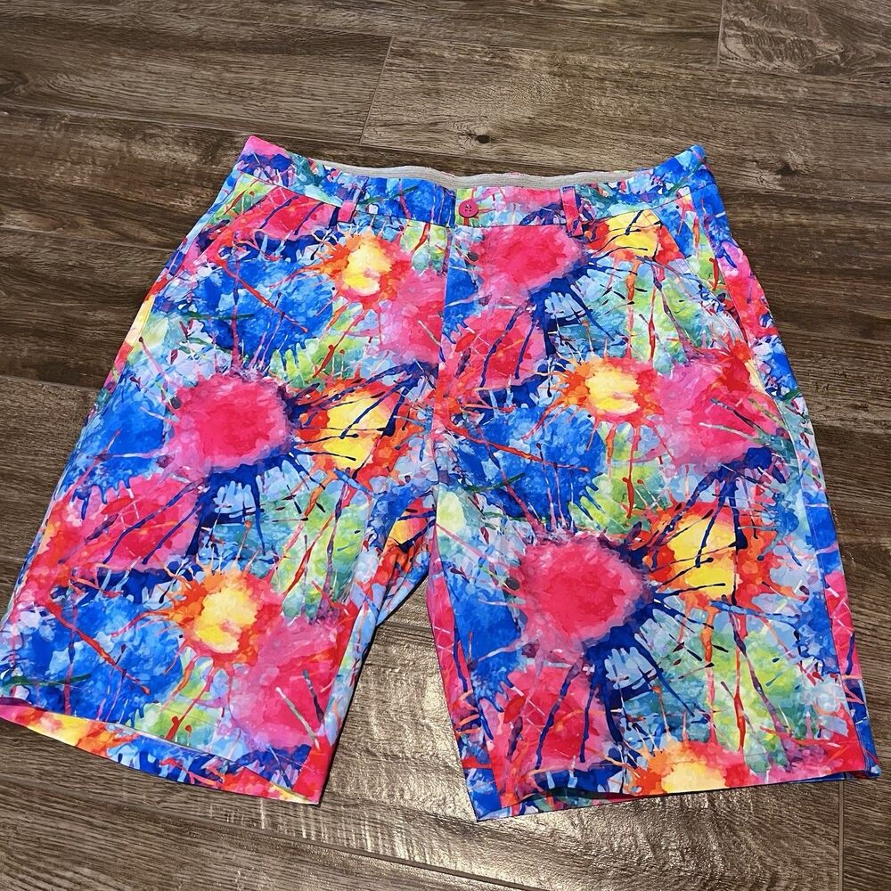 Hreski Golf Shorts Men 34 Performance All Over Print Chino Paint Splash 9.5”